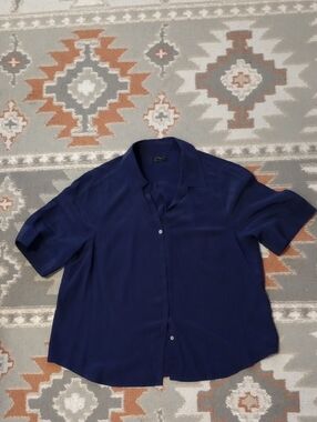 Silk Navy Short-Sleeve Button-Down Shirt